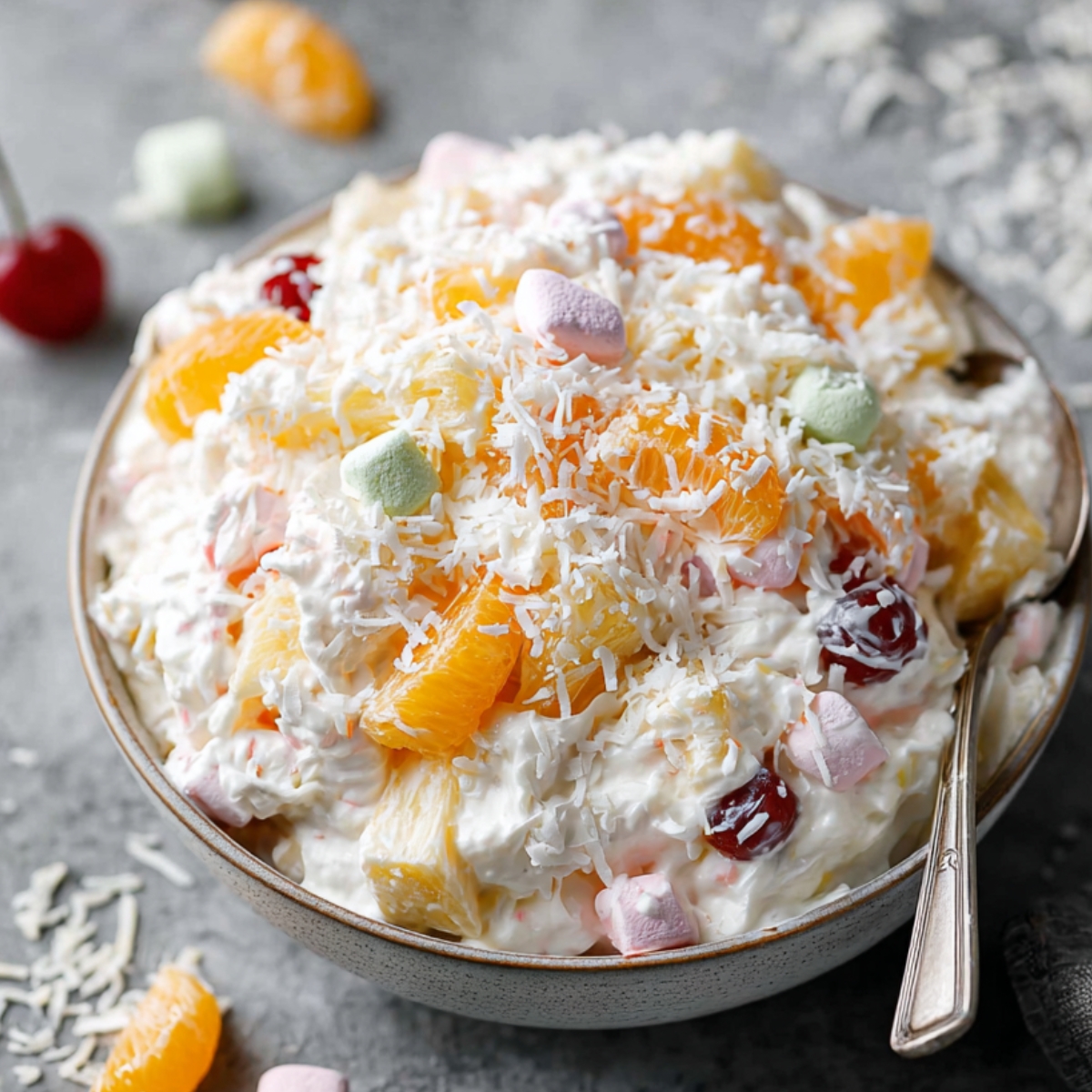 Homemade ambrosia fruit salad in a bowl, topped with shredded coconut, mandarin orange slices, cherries, and pastel mini marshmallows.