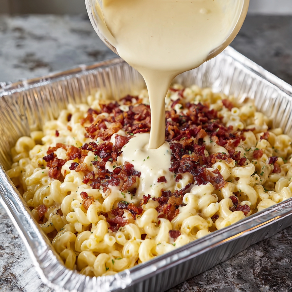Grab your 9" x 13" foil pan and combine the cooked pasta, crumbled bacon, and all that gorgeous cheese sauce. Stir gently so every piece of pasta gets coated. Sprinkle your reserved cheese on top and add a little extra BBQ seasoning if you're feeling bold.