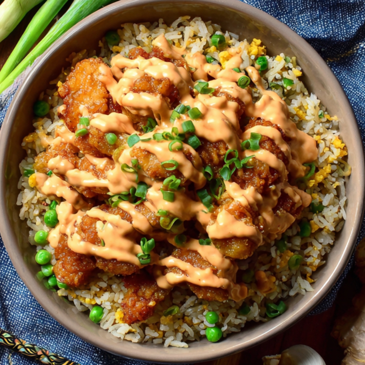 Bang bang chicken fried rice topped with crispy chicken, creamy sauce, peas, and green onions.