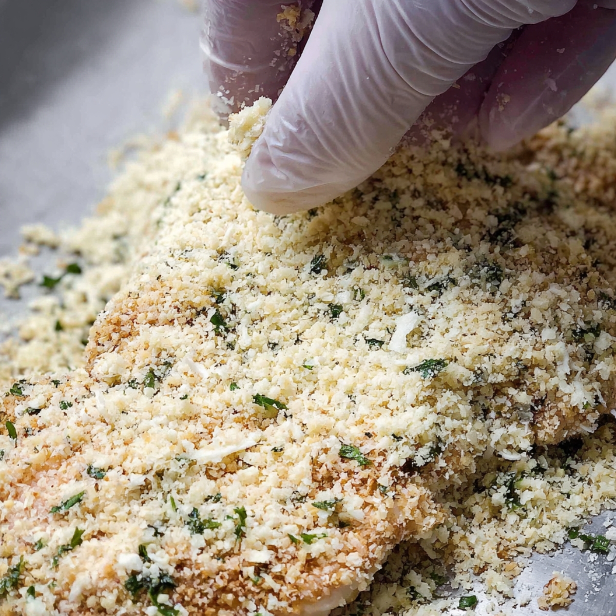 Pour about a quarter inch of oil into your frying pan and set it over medium heat while you bread the cutlets. Take one cutlet and press it into the flour mixture on both sides, shaking off any excess. Dip it into the beaten eggs, letting extra drip off, then press it firmly into the breadcrumb mixture, coating both sides completely. Set it aside and repeat with the remaining cutlets.