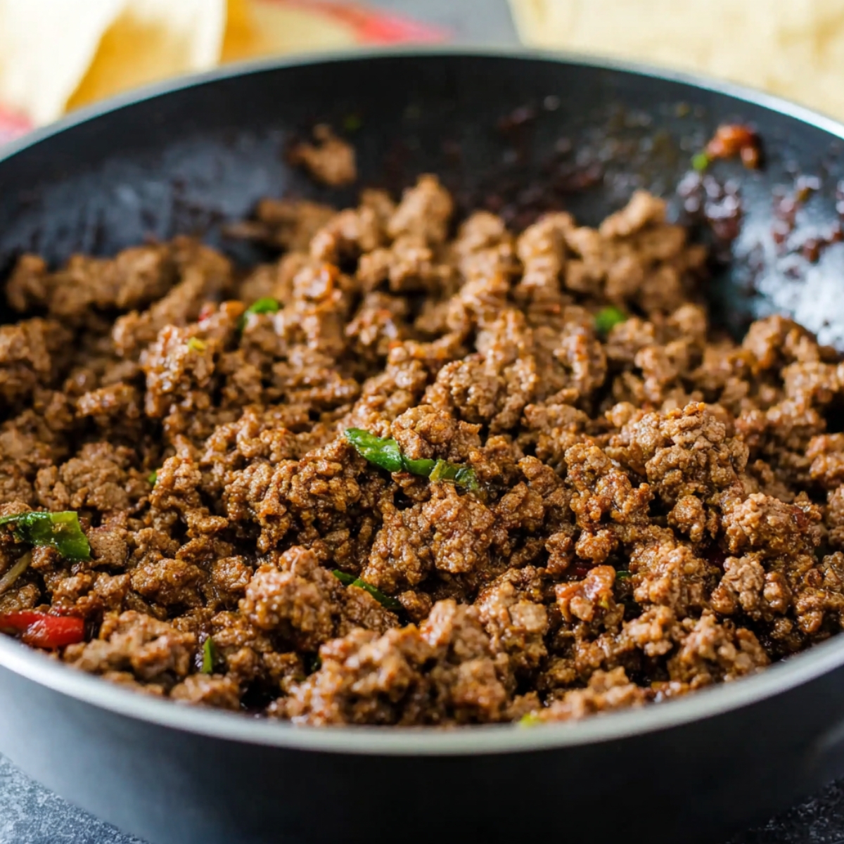 Grab your large skillet and set it over medium-high heat. Add your pound of ground beef and break it up with a spatula or meat chopper. I like sprinkling in a bit of taco seasoning while it cooks, just to give the beef some extra flavor.