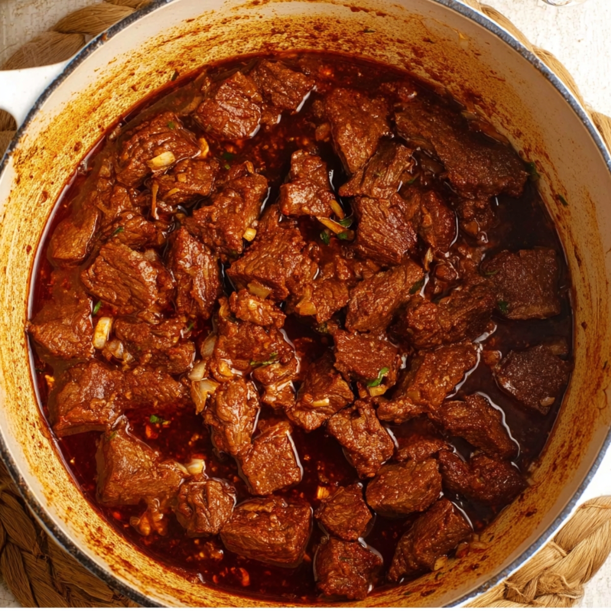 Toss in your stewing beef and let it cook until it's just beginning to get some color, another 8 to 10 minutes. You're not trying to sear it hard; you just want it to lose that raw look.