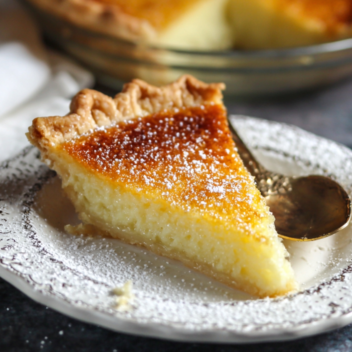 A slice of homemade buttermilk pie with a golden, flaky crust, creamy filling, topped with powdered sugar, served on a delicate, vintage-style plate with a golden spoon beside it.