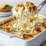 Homemade chicken alfredo lasagna with a creamy, cheesy slice being lifted from the baking dish.