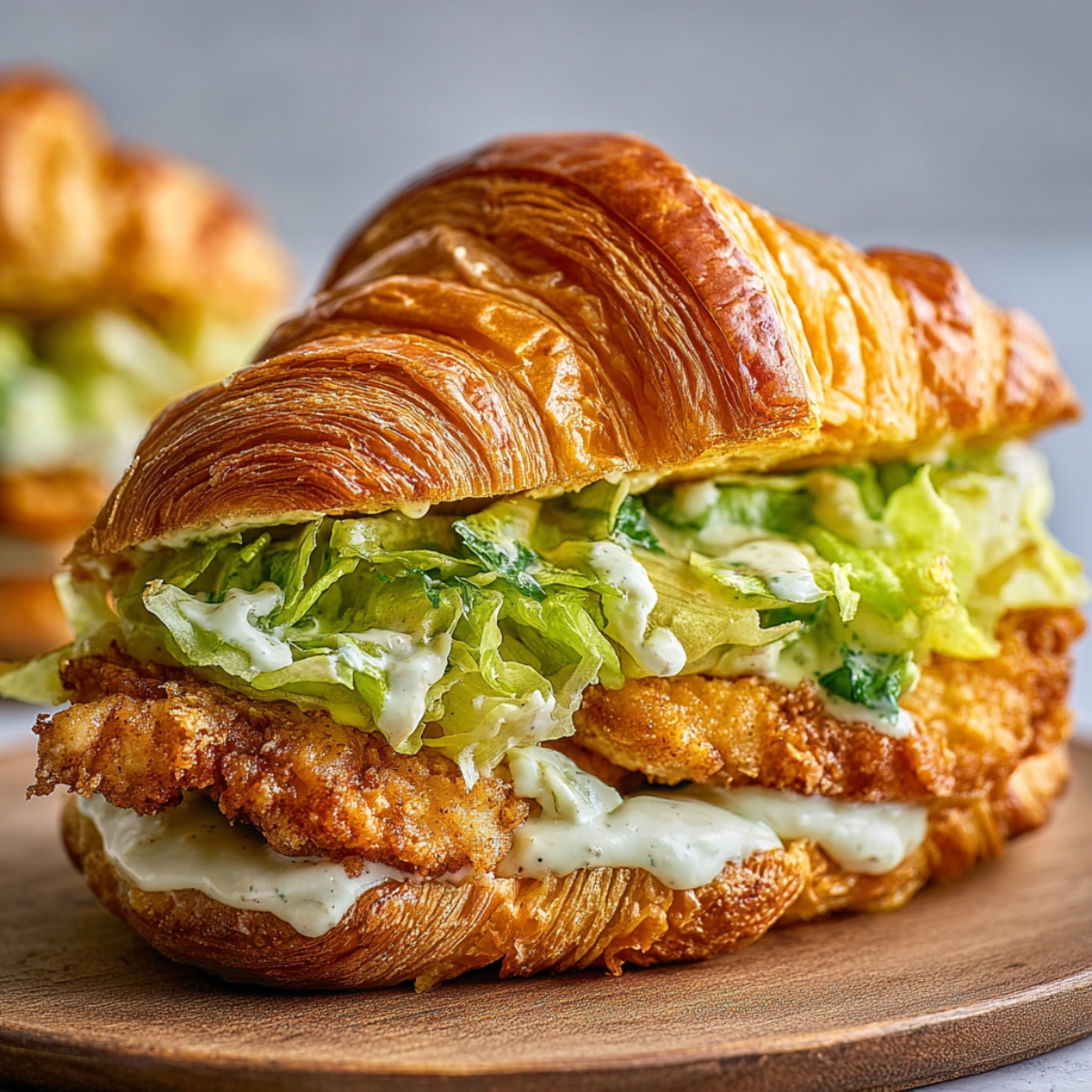 Chicken Croissant Sandwich, lettuce, and creamy sauce in a flaky croissant.