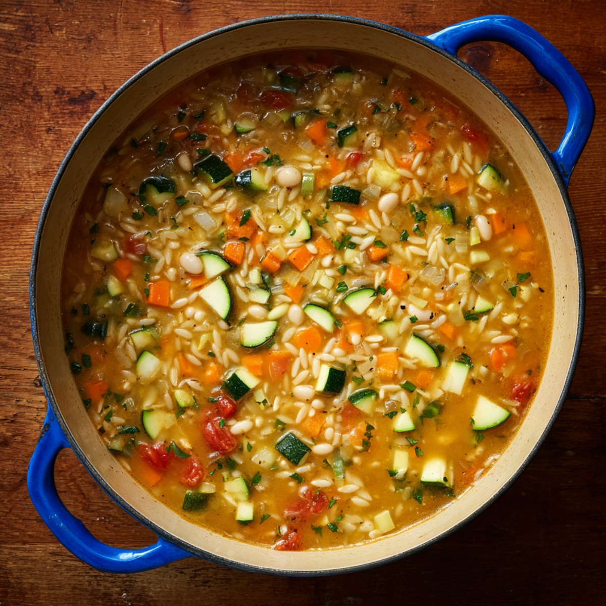 Large pot of homemade orzo vegetable soup simmering with diced vegetables, beans, and herbs.