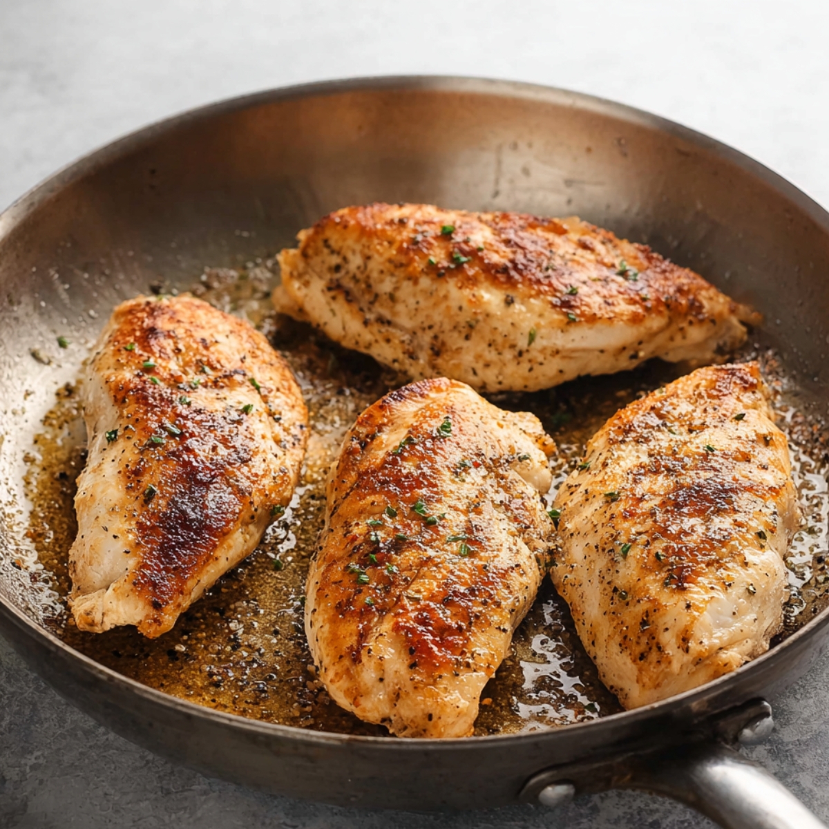Heat a large skillet over medium heat. Once it's hot, add 1 tablespoon of olive oil and swirl it around to coat the surface. Add the chicken pieces and cook on each side until they're golden brown and cooked through, about 7 to 10 minutes total. The chicken should feel firm when you press it gently. Remove the chicken and set it aside on a clean plate.