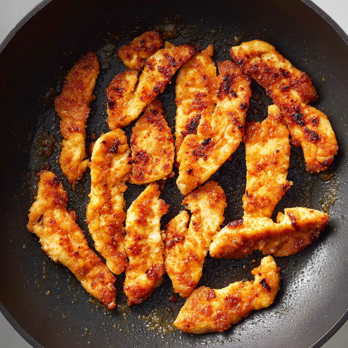 Heat a large non-stick skillet over medium-high heat. Add the marinated chicken strips and cook for about 4 to 5 minutes, stirring occasionally, until the chicken is fully cooked and no longer pink inside. The edges should have a little char and the sauce should cling to the meat.