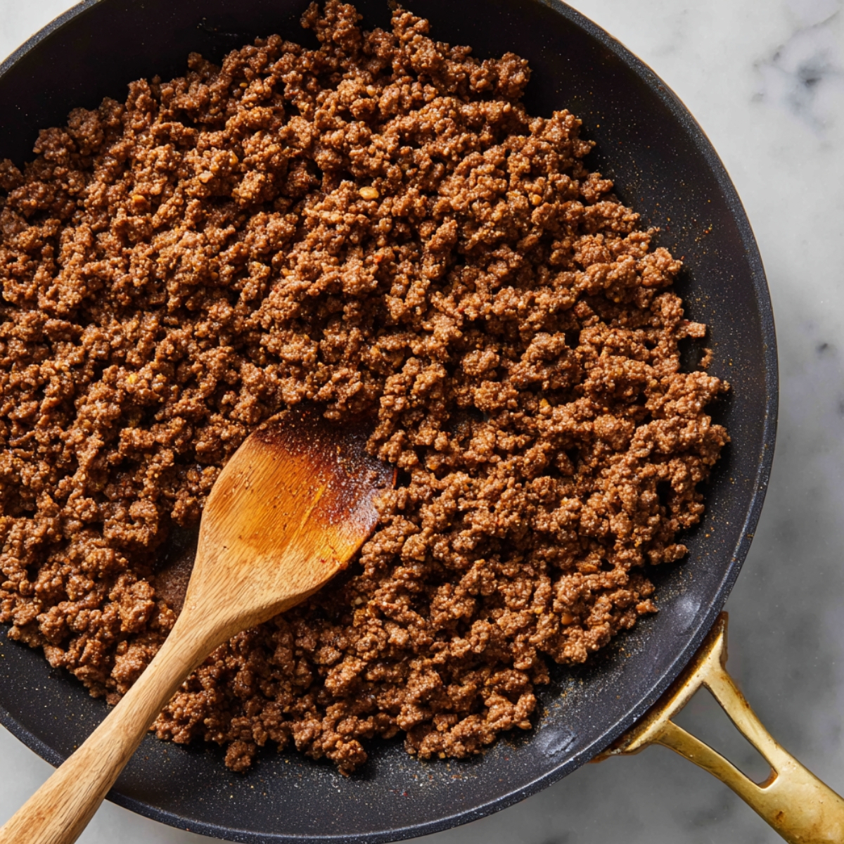 Ground beef being cooked in a skillet, with a wooden spoon stirring the crumbled meat.
