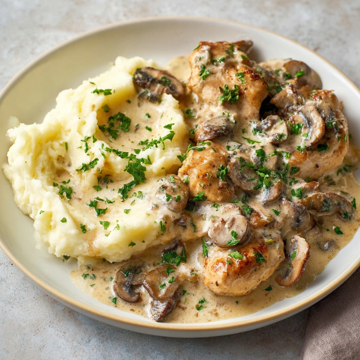 A plate of creamy chicken stroganoff with sautéed mushrooms, served alongside mashed potatoes, garnished with fresh parsley.