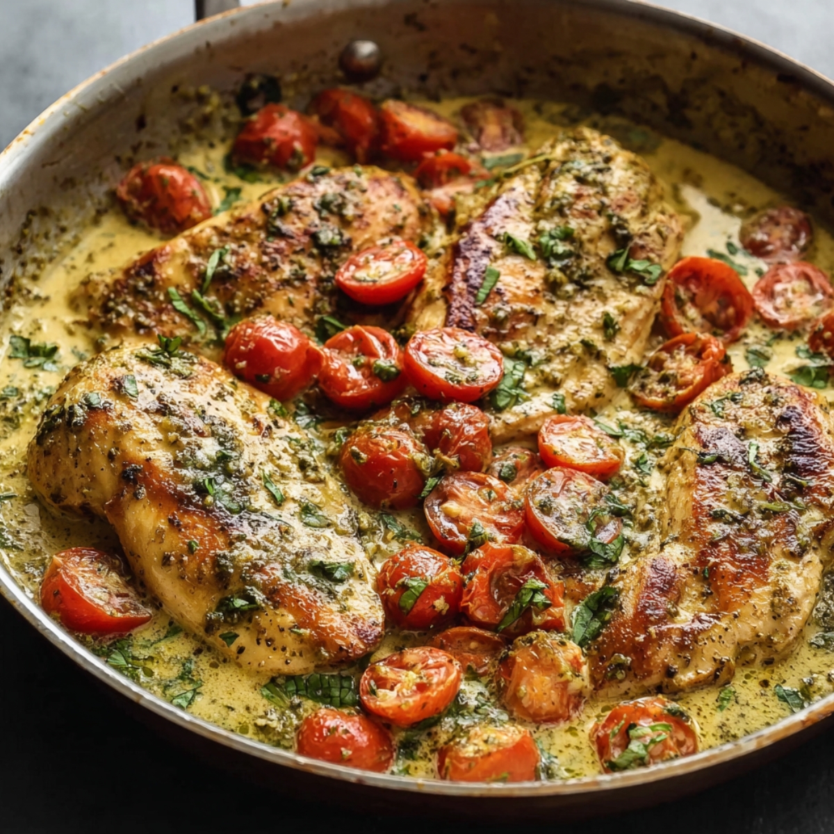Seared chicken breasts in creamy pesto sauce with cherry tomatoes and fresh herbs.