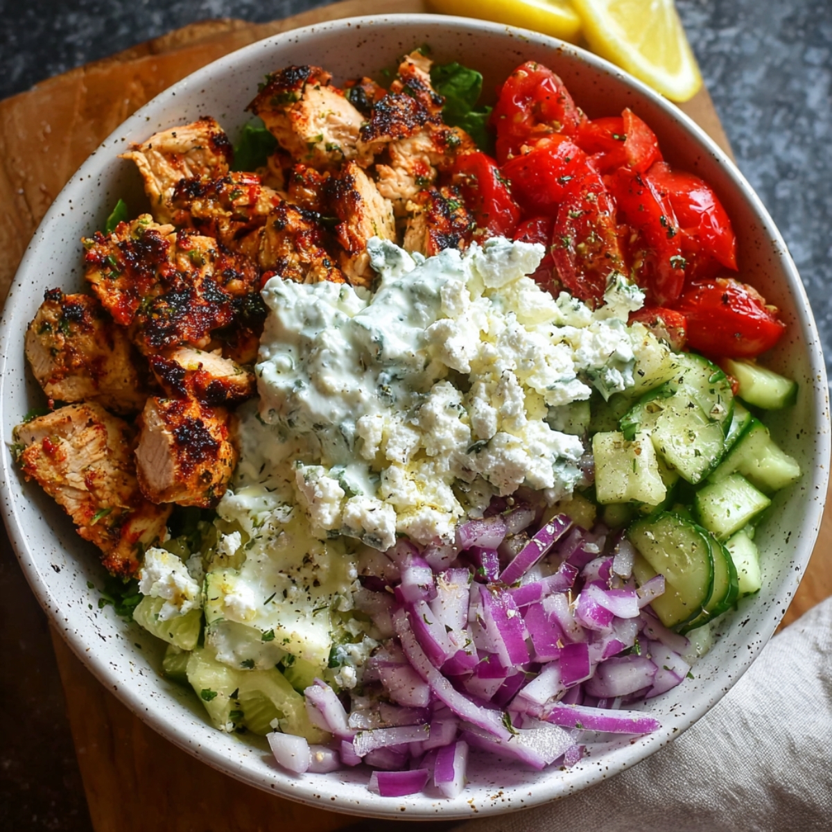 A homemade Greek chicken bowl filled with seasoned grilled chicken, cucumbers, tomatoes, red onions, feta, rice, and tzatziki.