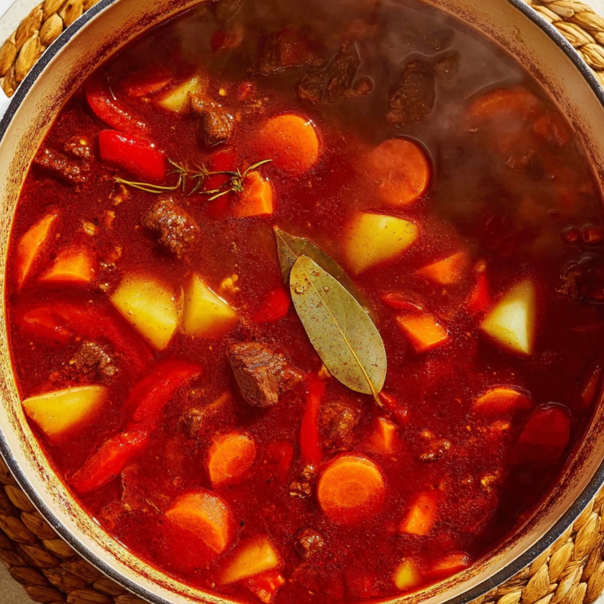 Add your carrots and potatoes, bring it back to a boil, then reduce to medium-low again. Cover and simmer for another 35 minutes or so, until the beef is so tender it practically falls apart when you look at it.