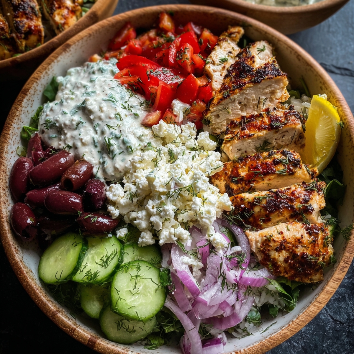 A homemade Greek chicken bowl filled with grilled chicken, tomatoes, olives, cucumbers, red onions, feta, and tzatziki.