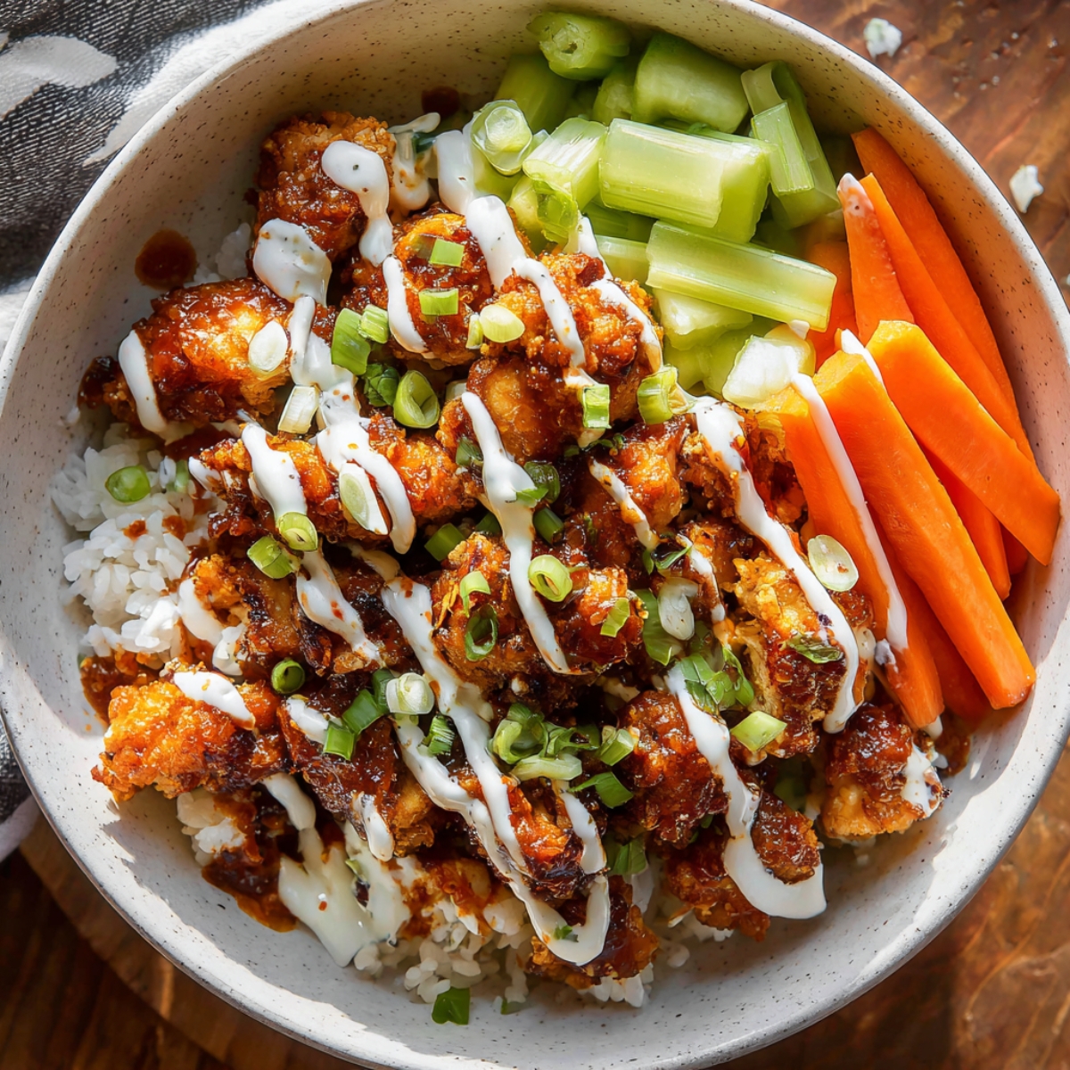 Homemade Buffalo Chicken Bowls with ranch drizzle, green onions, celery, and carrots.