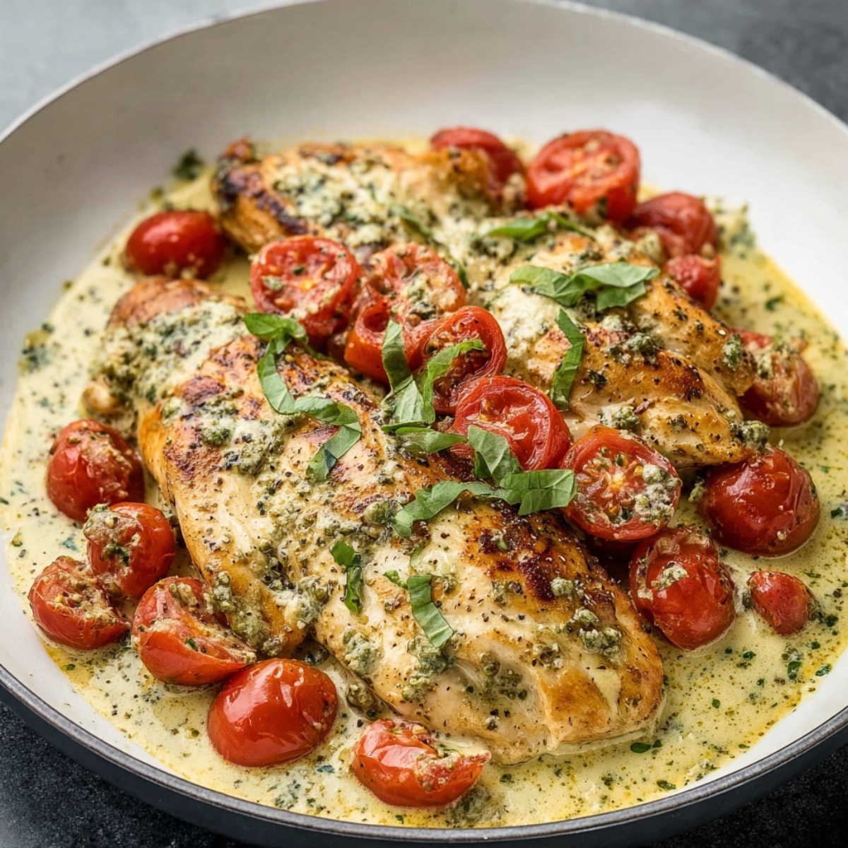 Pan-seared chicken breasts in a Creamy Pesto Chicken with cherry tomatoes and fresh basil.