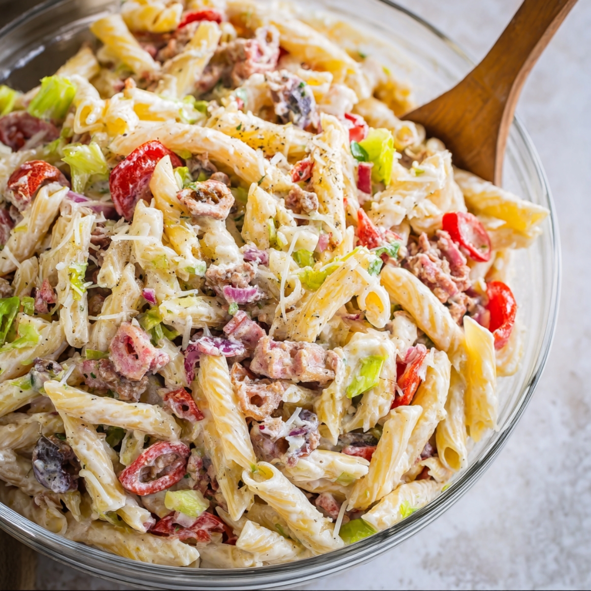 Homemade Italian Grinder Pasta Salad with spiral pasta, tomatoes, lettuce, and bacon, topped with Parmesan and creamy dressing.