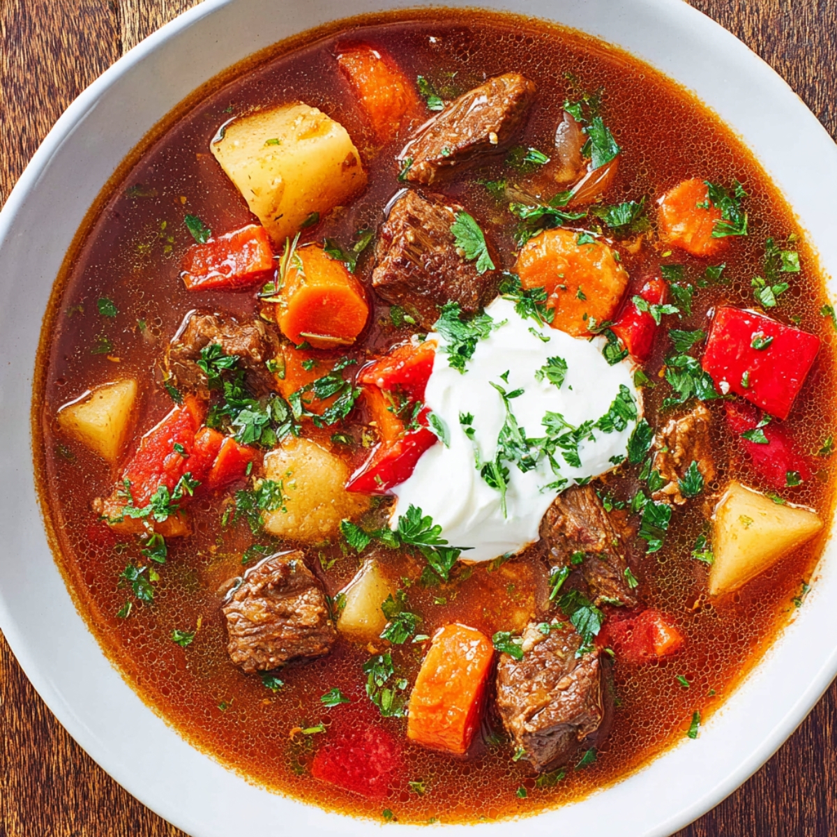 A hearty bowl of homemade Hungarian goulash filled with tender beef, potatoes, carrots, and red peppers, topped with a dollop of sour cream and fresh parsley.
