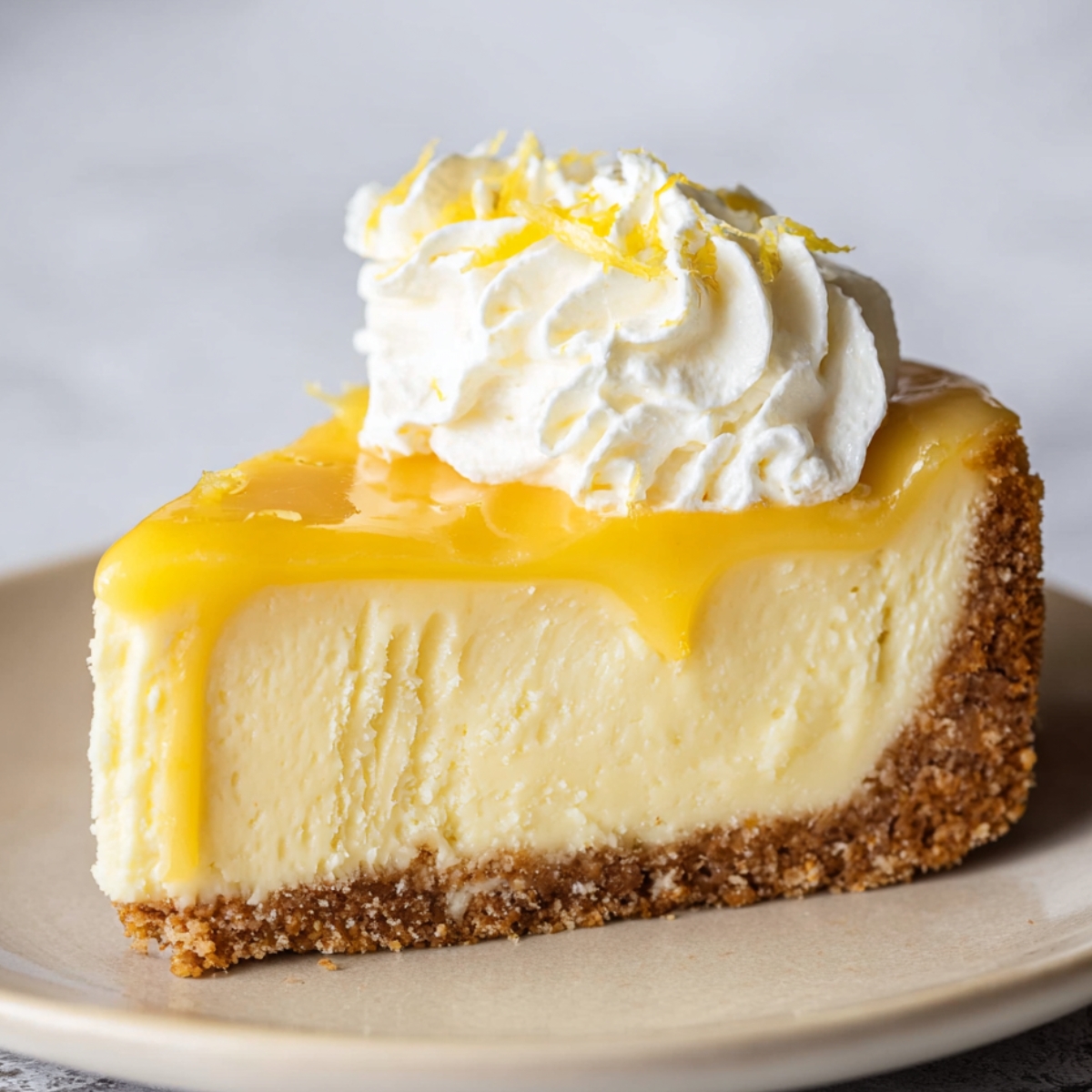 A slice of lemon cheesecake with a smooth interior, topped with lemon curd and whipped cream.