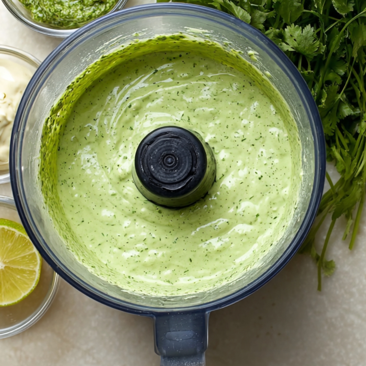 While the chicken rests, add the jalapeños, cilantro, green onions, garlic, mayonnaise, cheese, and lime juice to the food processor. Pulse for 30 seconds, scrape down the sides with a spatula, and pulse again until the sauce is smooth and creamy. Taste it and add salt and pepper as needed. If you want it spicier, leave a few jalapeño seeds in.