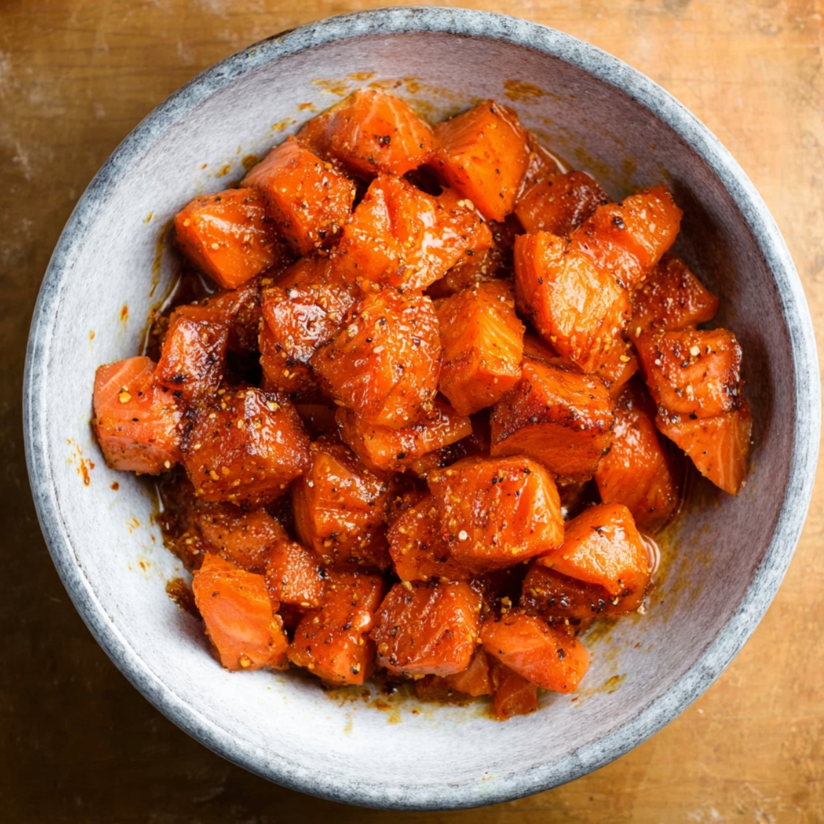 In a bowl, whisk together the garlic powder, onion powder, chili powder, paprika, and salt until combined. Add the cubed salmon, soy sauce, and olive oil, then toss everything together until the salmon is coated. Pop the bowl in the fridge while you prep the other ingredients so the flavors have time to soak in.