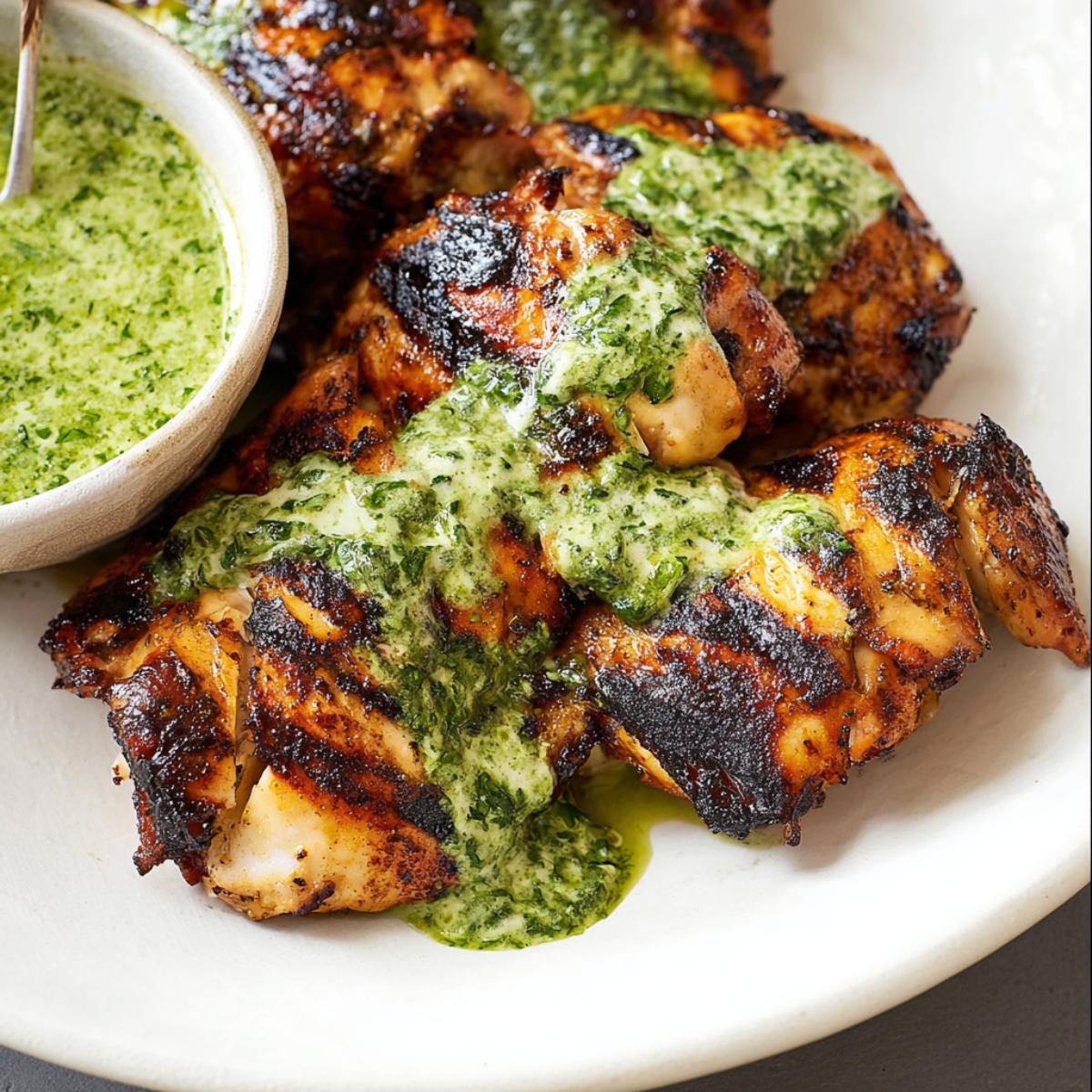 Peruvian Chicken with Green Sauce topped with a vibrant green sauce, made with fresh herbs, garlic, and lime.