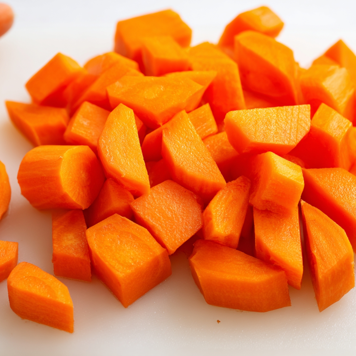 Cut them on the diagonal into 4 cm / 1.75 in lengths. If some pieces are really thick, halve them so everything cooks evenly. This step matters more than you'd think, uneven pieces mean some carrots get mushy while others stay too firm.
