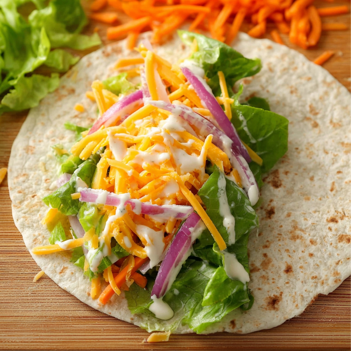 While the chicken cooks, lay your tortillas out on a clean plate. Layer each one with chopped lettuce, a drizzle of ranch dressing, shredded carrots, red onion slices, and a sprinkle of cheddar cheese.