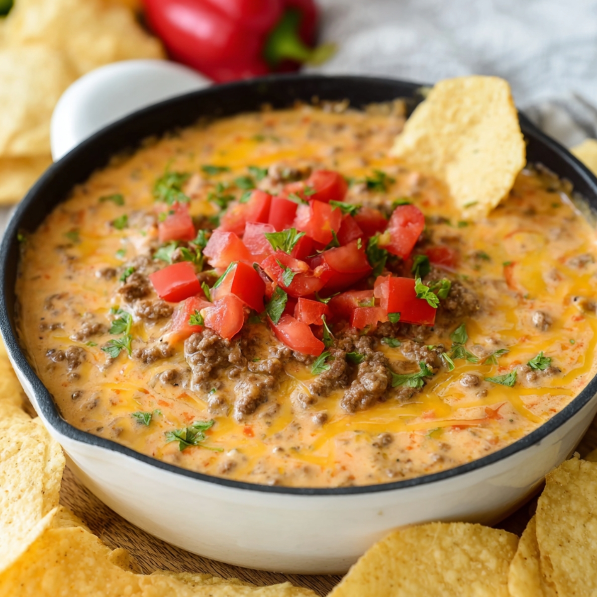 Rotel Dip with Ground Beef, topped with fresh chopped tomatoes and green onions, served in a white bowl surrounded by crispy tortilla chips. The dip has a creamy texture with melted cheese and visible beef.