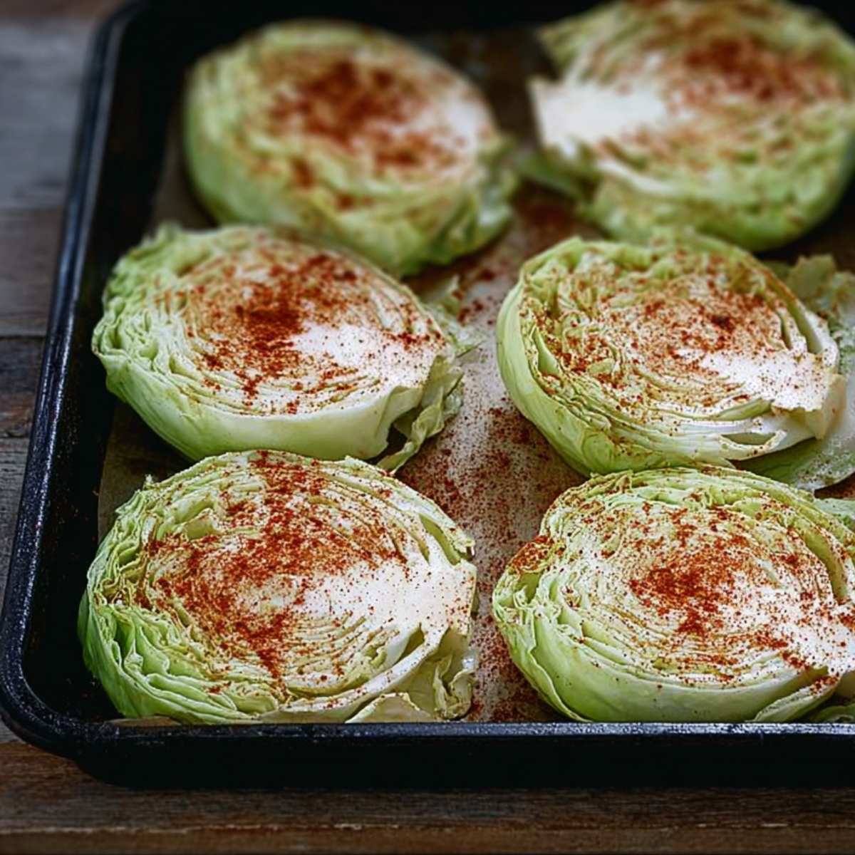 Grab a pastry brush (or just use your fingers) and brush each steak generously with olive oil. Really coat them. Then sprinkle the salt, garlic powder, and paprika over the top, making sure every piece gets some of that cabbage steak seasoning.