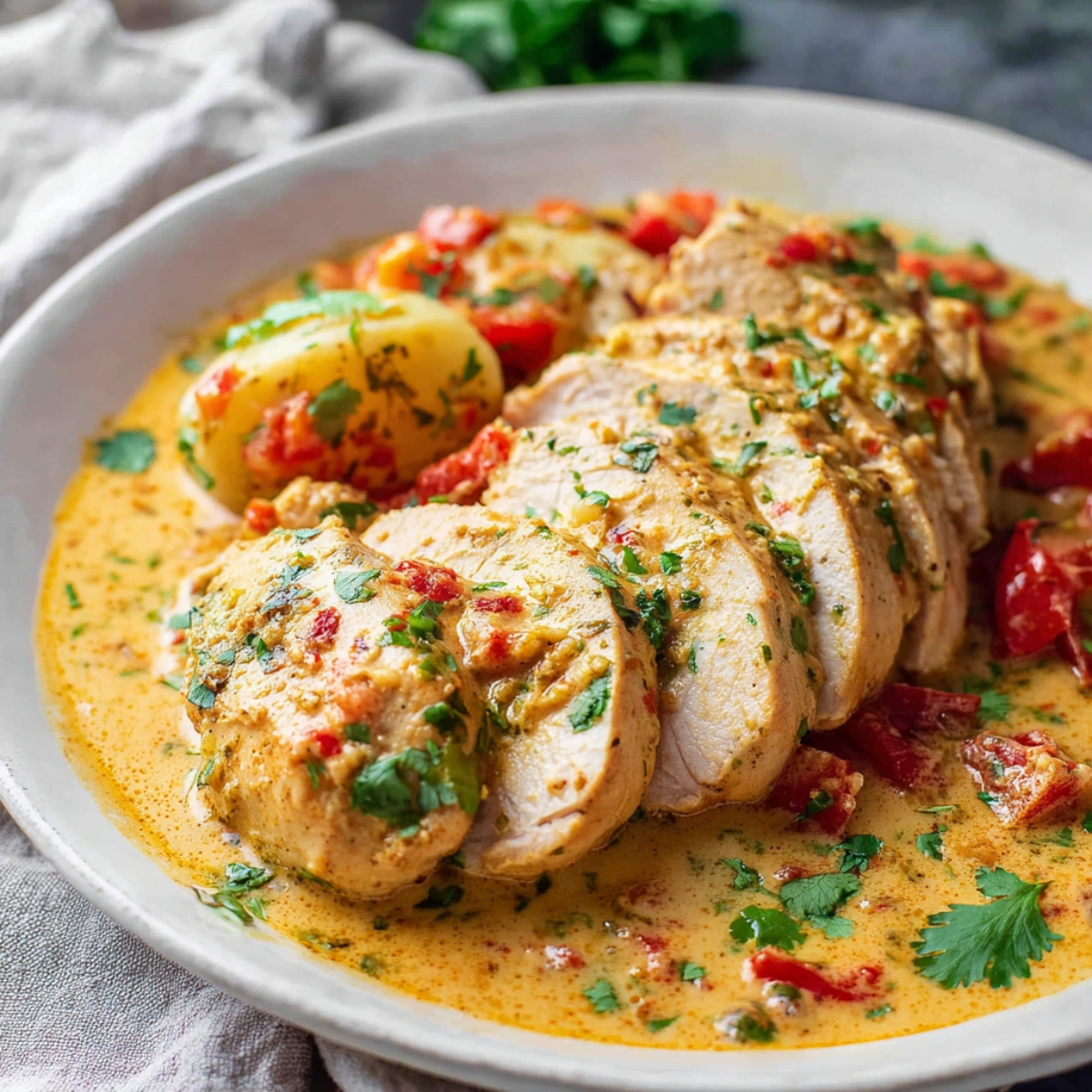 Spicy Brazilian Coconut Chicken in creamy coconut sauce with tomatoes, garnished with fresh cilantro, served with rice.