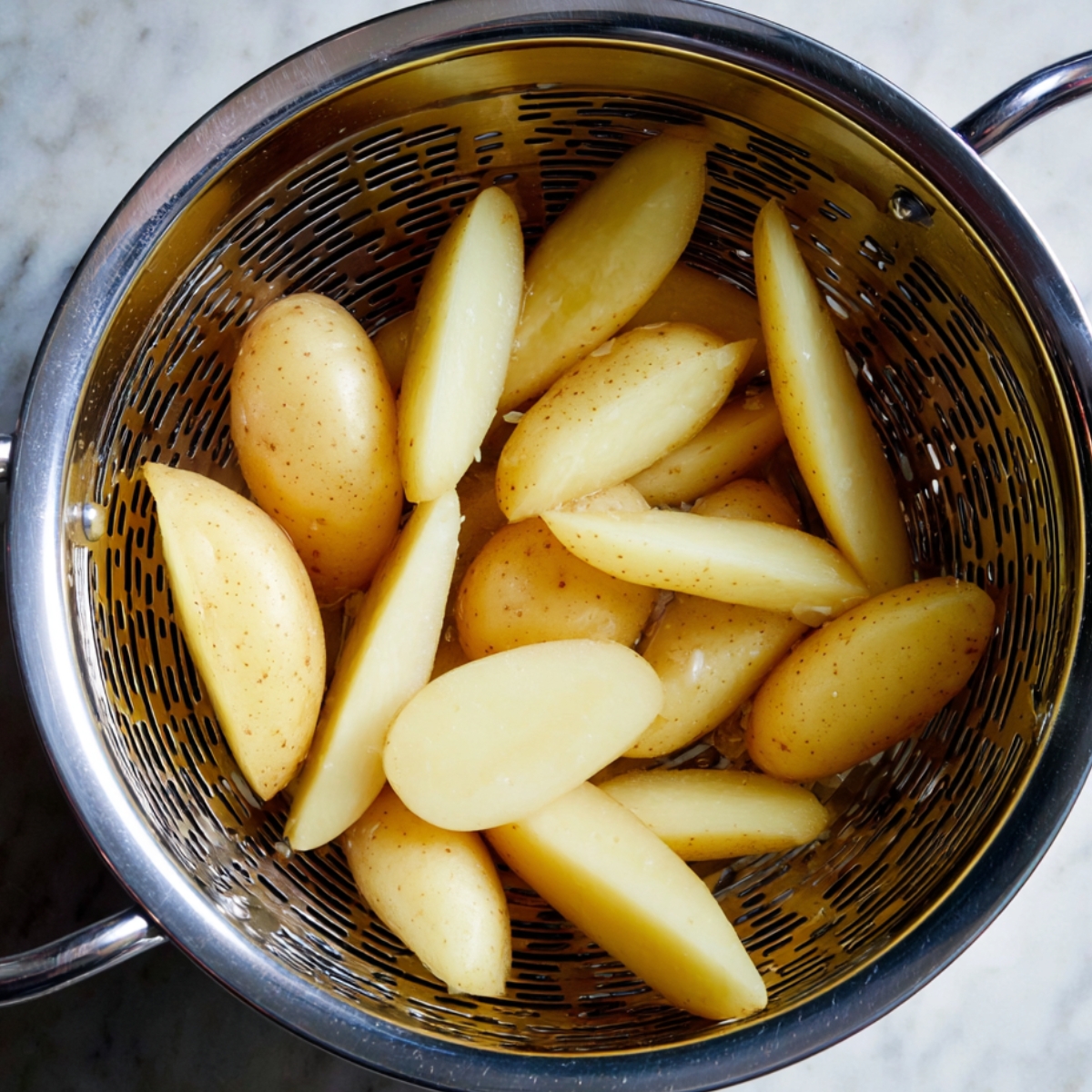 Bring a large pot of water to a gentle simmer and add 3 tablespoons of salt. Place your potatoes in a steamer basket or colander set over the simmering water. Steam for 11 to 12 minutes, just until a knife slides in easily but they're still firm. You don't want them mushy or they'll fall apart.