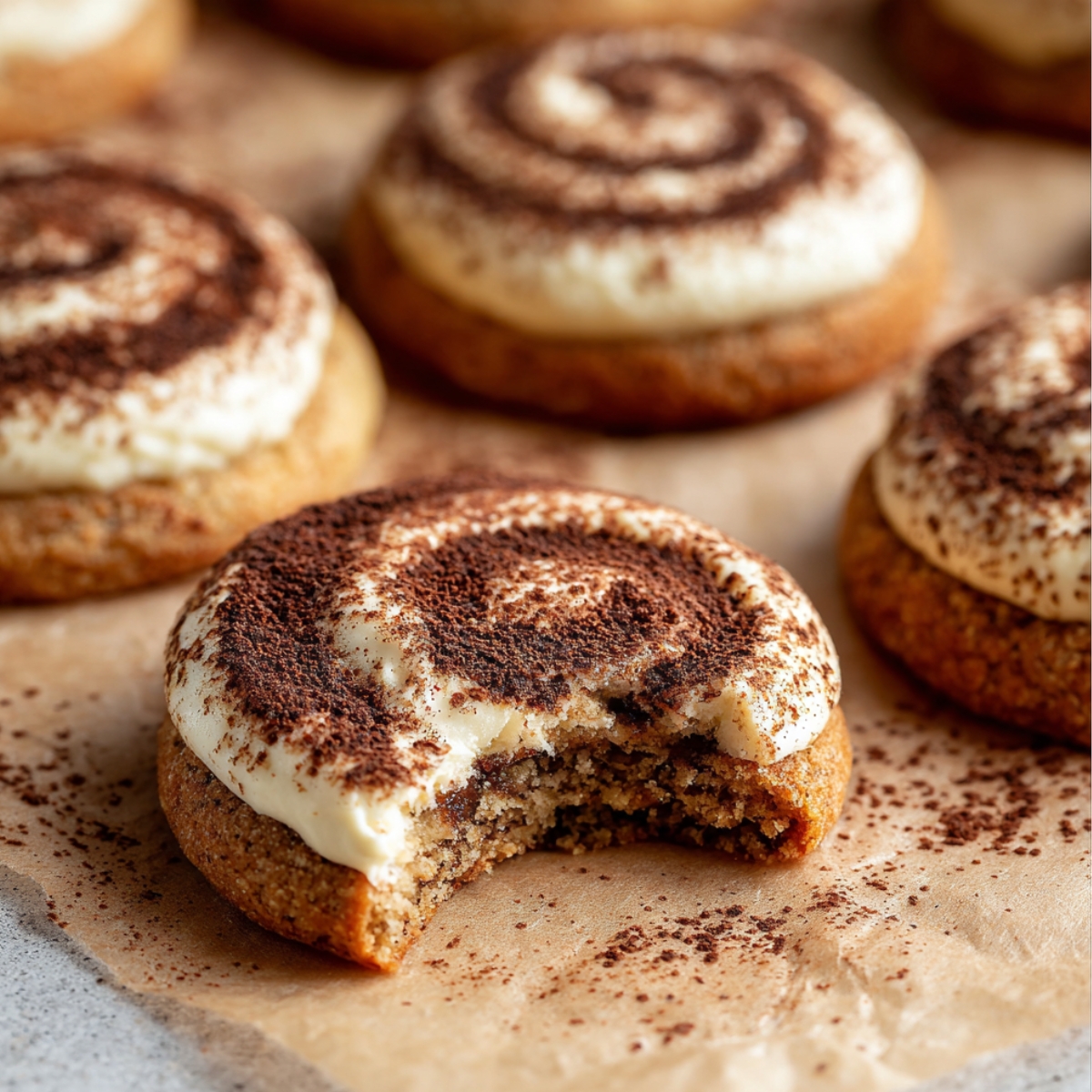 Tiramisu Cookies with a swirl of mascarpone cream and cocoa powder, with a bite taken out.