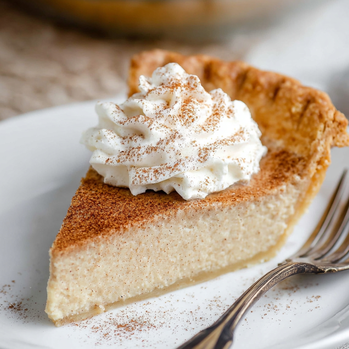 Slice of Vanilla Cinnamon Pie with whipped cream and a dusting of cinnamon, served on a white plate with a vintage fork.