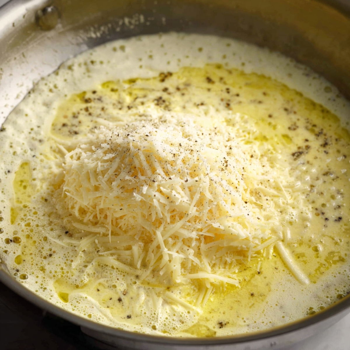 Grated Parmesan cheese melting into a creamy butter sauce in a pan.