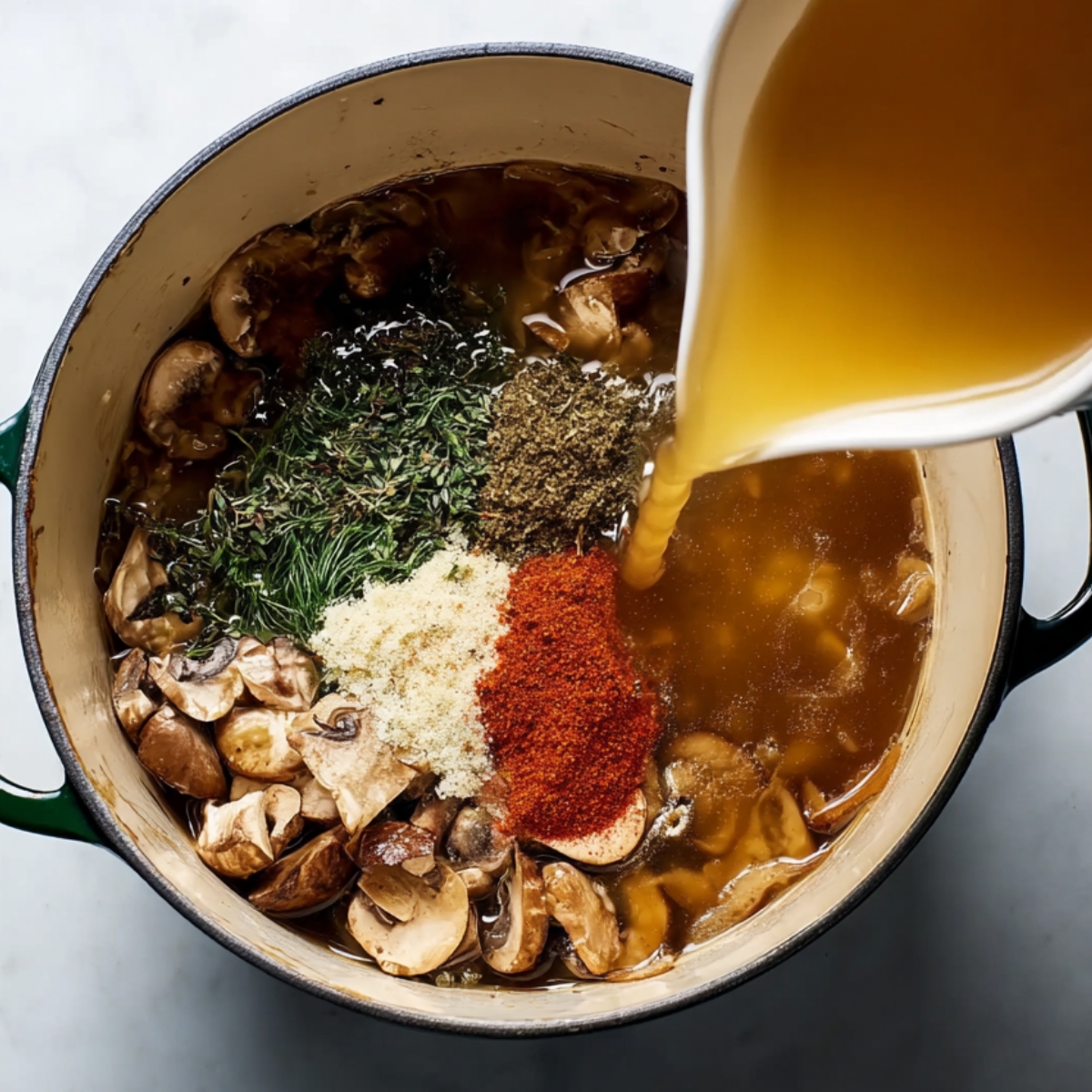 Pouring vegetable broth into a pot with mushrooms, paprika, dill, and spices to make Hungarian mushroom soup.