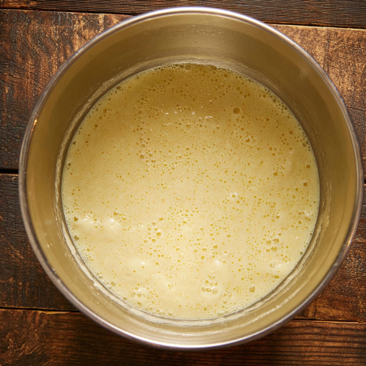 A glass mixing bowl with a bubbly, pale yellow liquid mixture, likely eggs and other wet ingredients.
