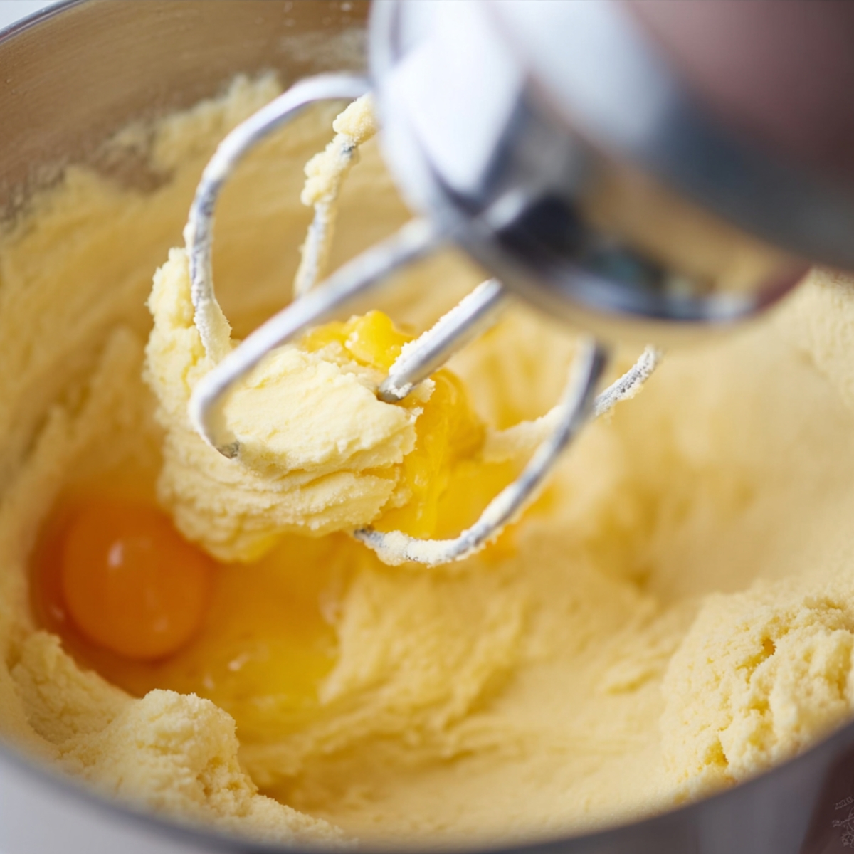 A close-up shot of cookie dough being mixed in a stand mixer with an egg being added, showing the creamy batter in the process.