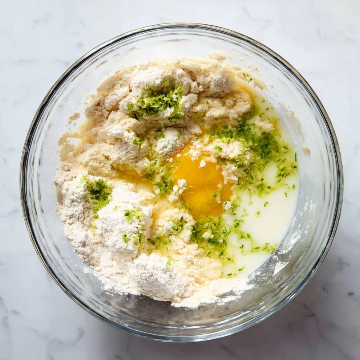 Mixing eggs, milk, and lime zest into a bowl of flour and dry ingredients.