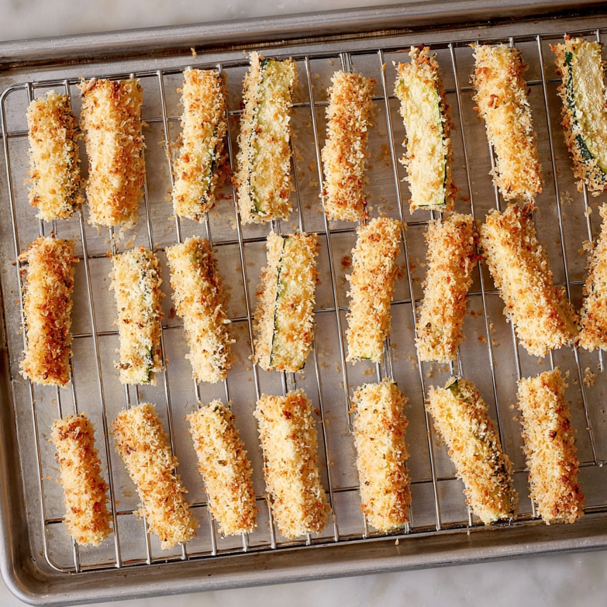 Zucchini fries arranged on a wire rack, ready for baking to achieve a crispy golden texture.