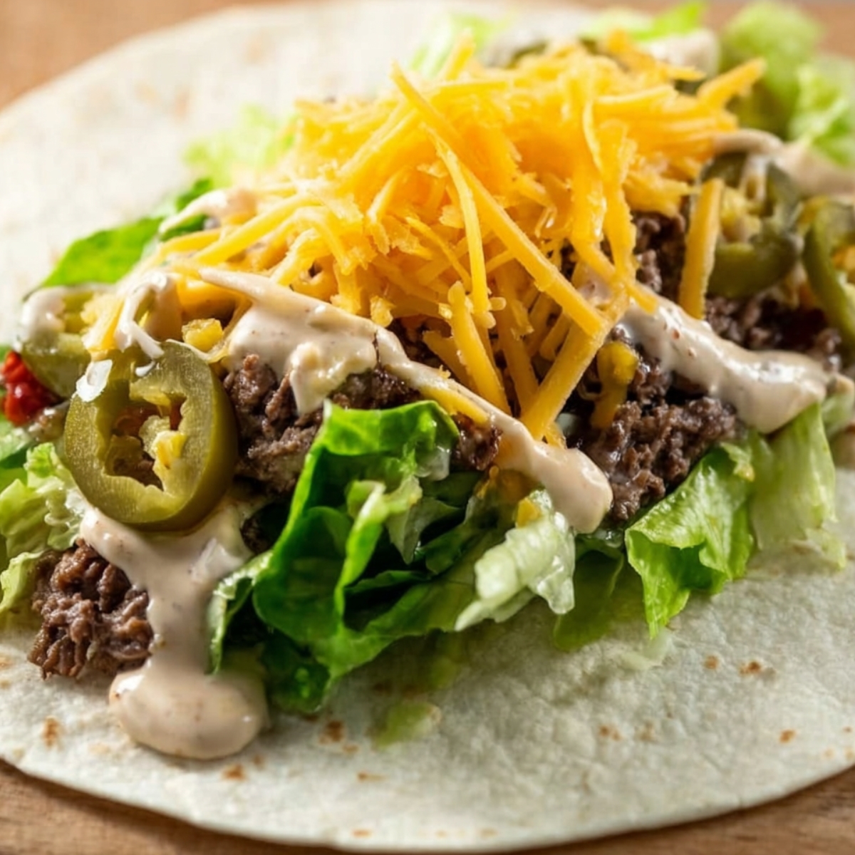 Close-up of a tortilla wrap filled with seasoned beef, shredded cheese, fresh lettuce, and jalapeños, with creamy sauce drizzled on top.