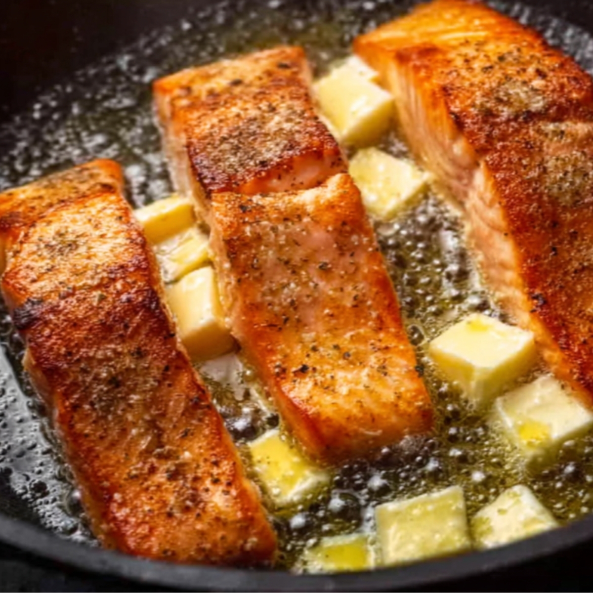 Salmon fillets sizzling in butter with garlic pieces in the pan.