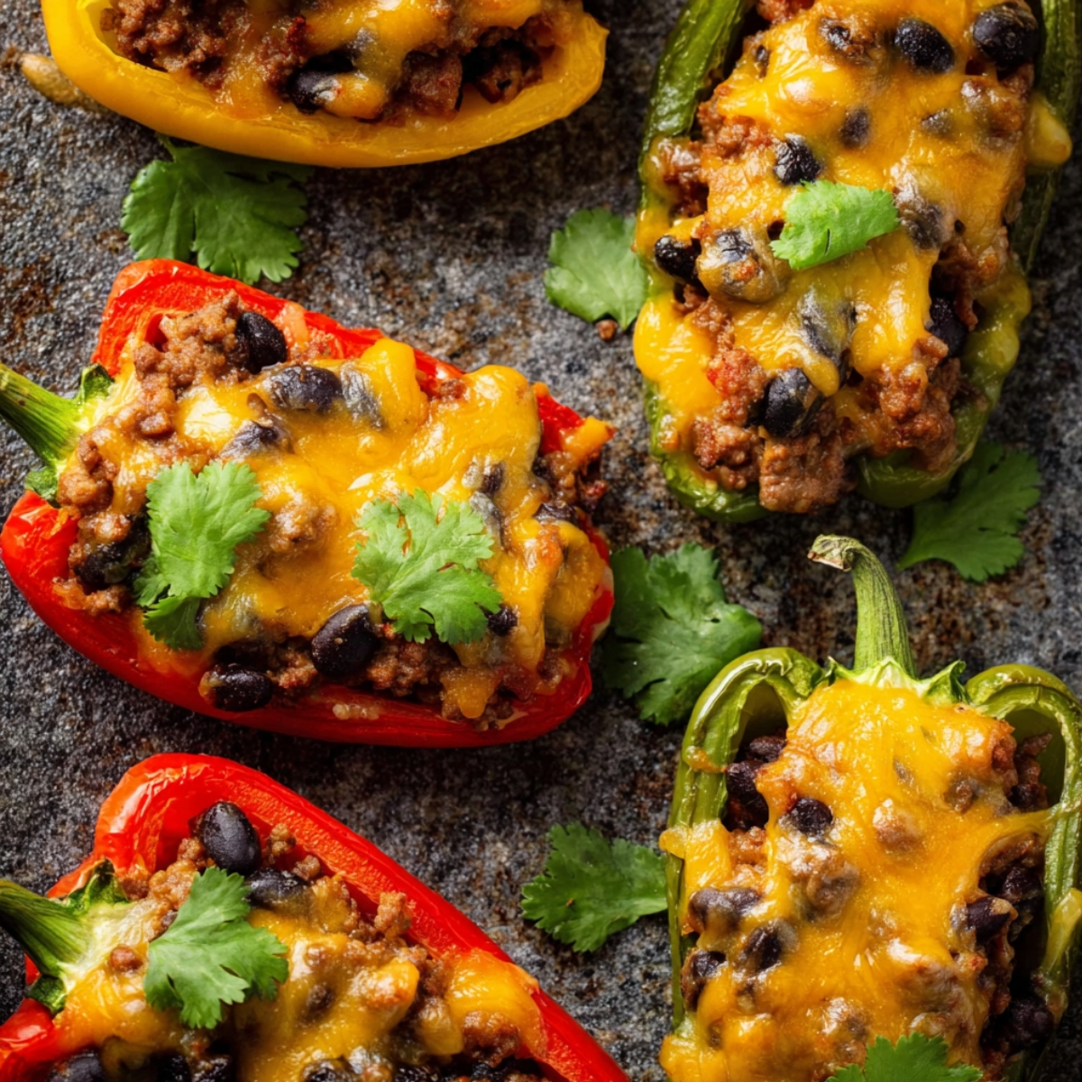 A delicious close-up of Bell Pepper Nachos halves stuffed with seasoned ground beef, black beans, corn, and melted cheese, garnished with fresh cilantro.