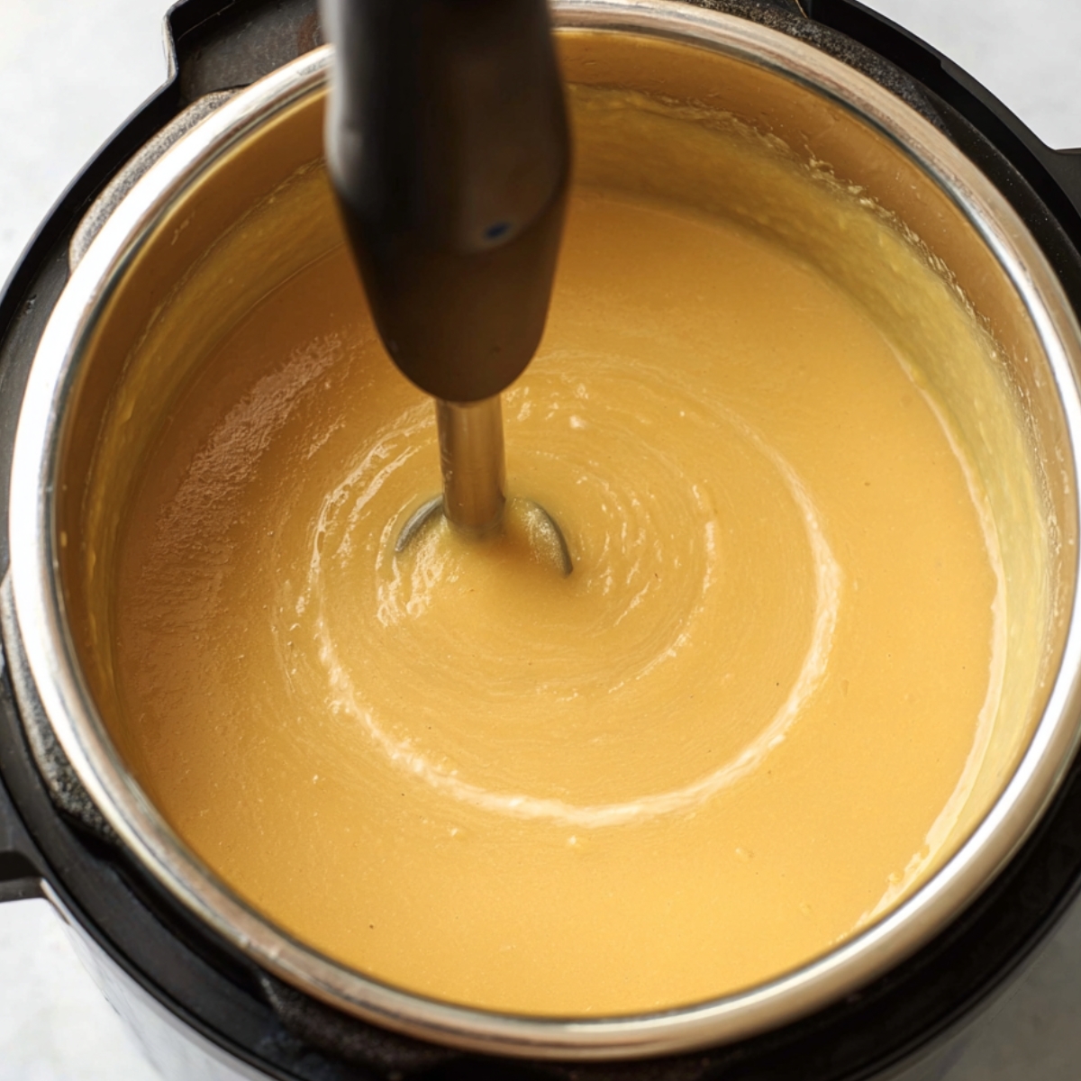 A close-up of a pressure cooker with creamy soup being blended with an immersion blender. The soup has a smooth, golden texture and is being pureed into a velvety consistency.
