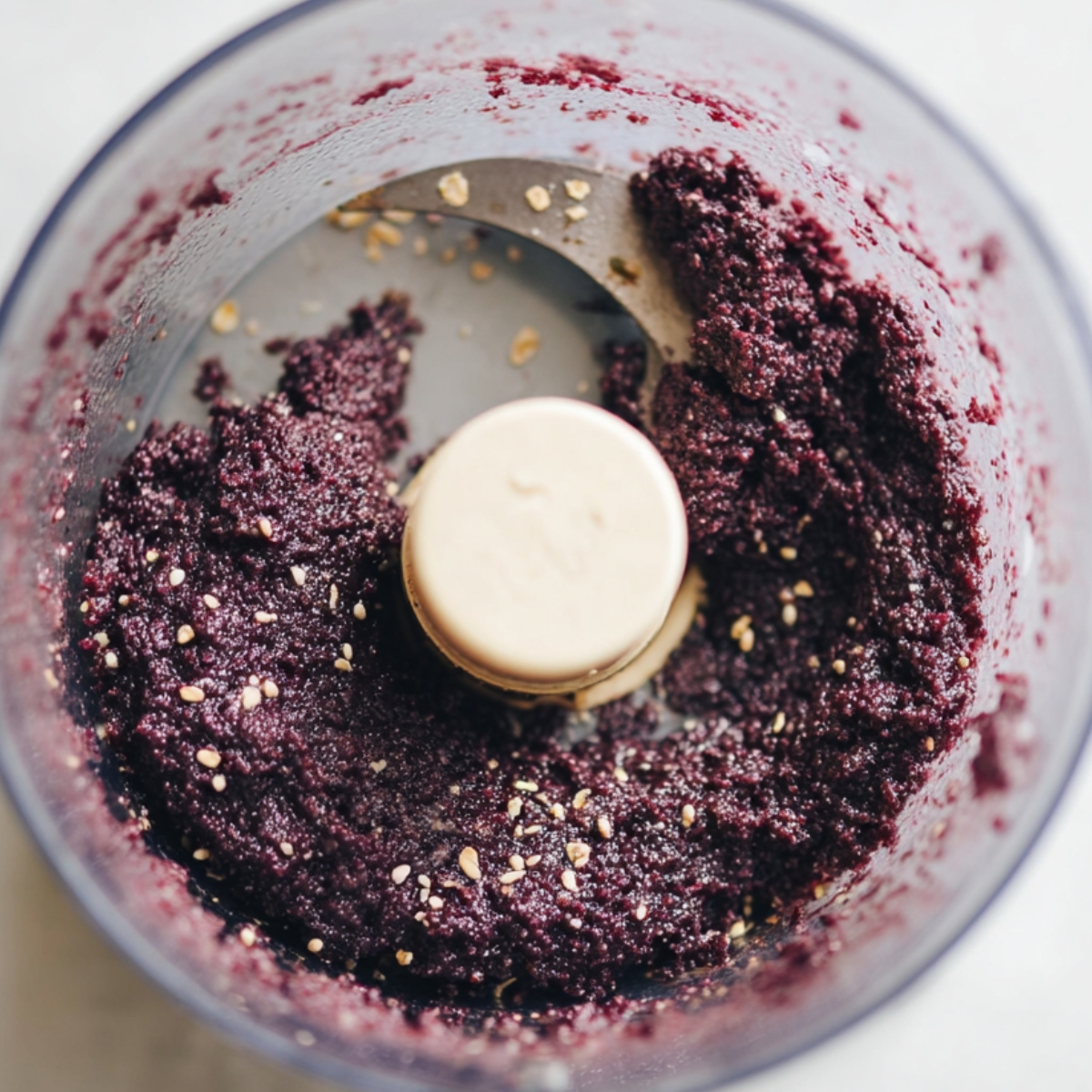 Thick blueberry energy ball mixture blending in a food processor until sticky and fully combined, top-down view.