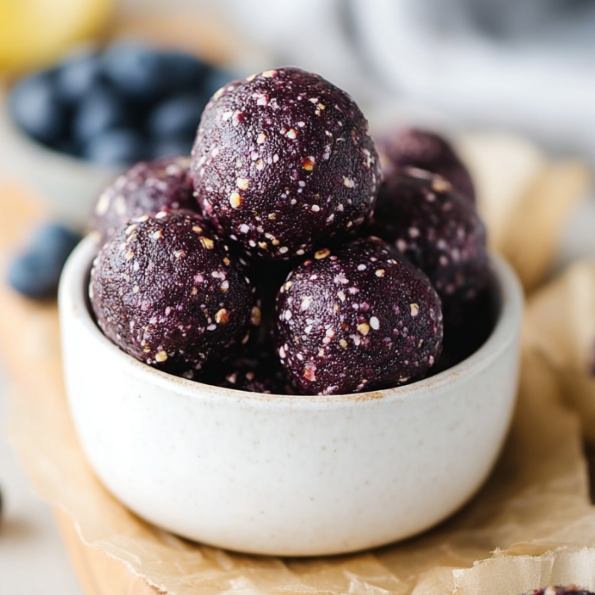 Blueberry muffin energy balls stacked in a small white bowl, showing a dark purple no-bake snack texture.