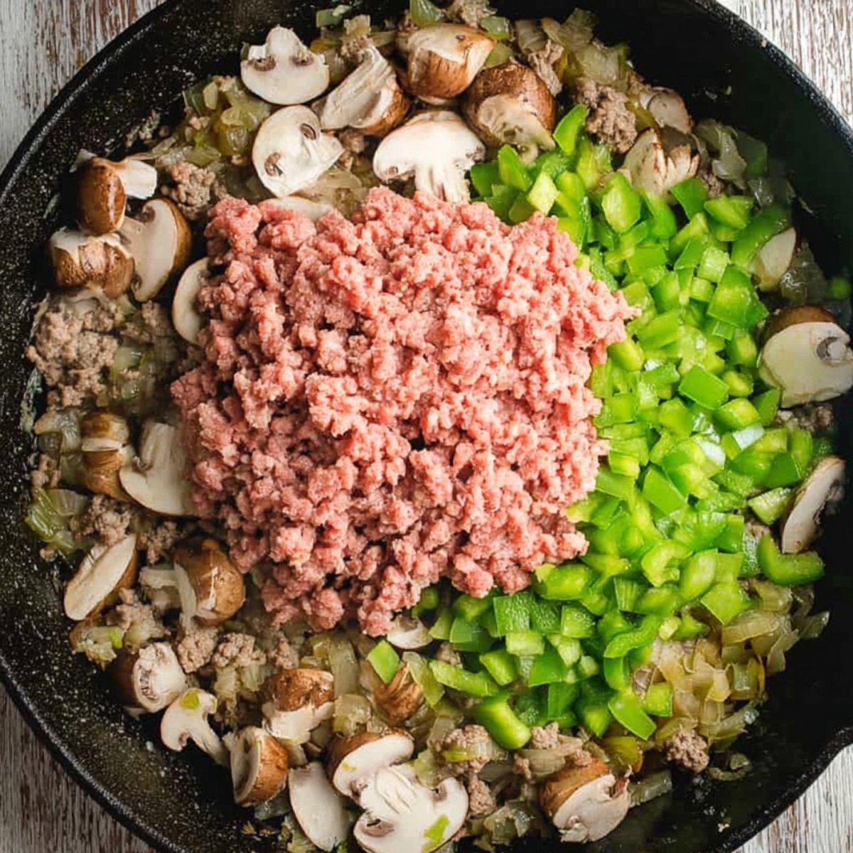 Ground beef being browned in a skillet with onions and green bell peppers.