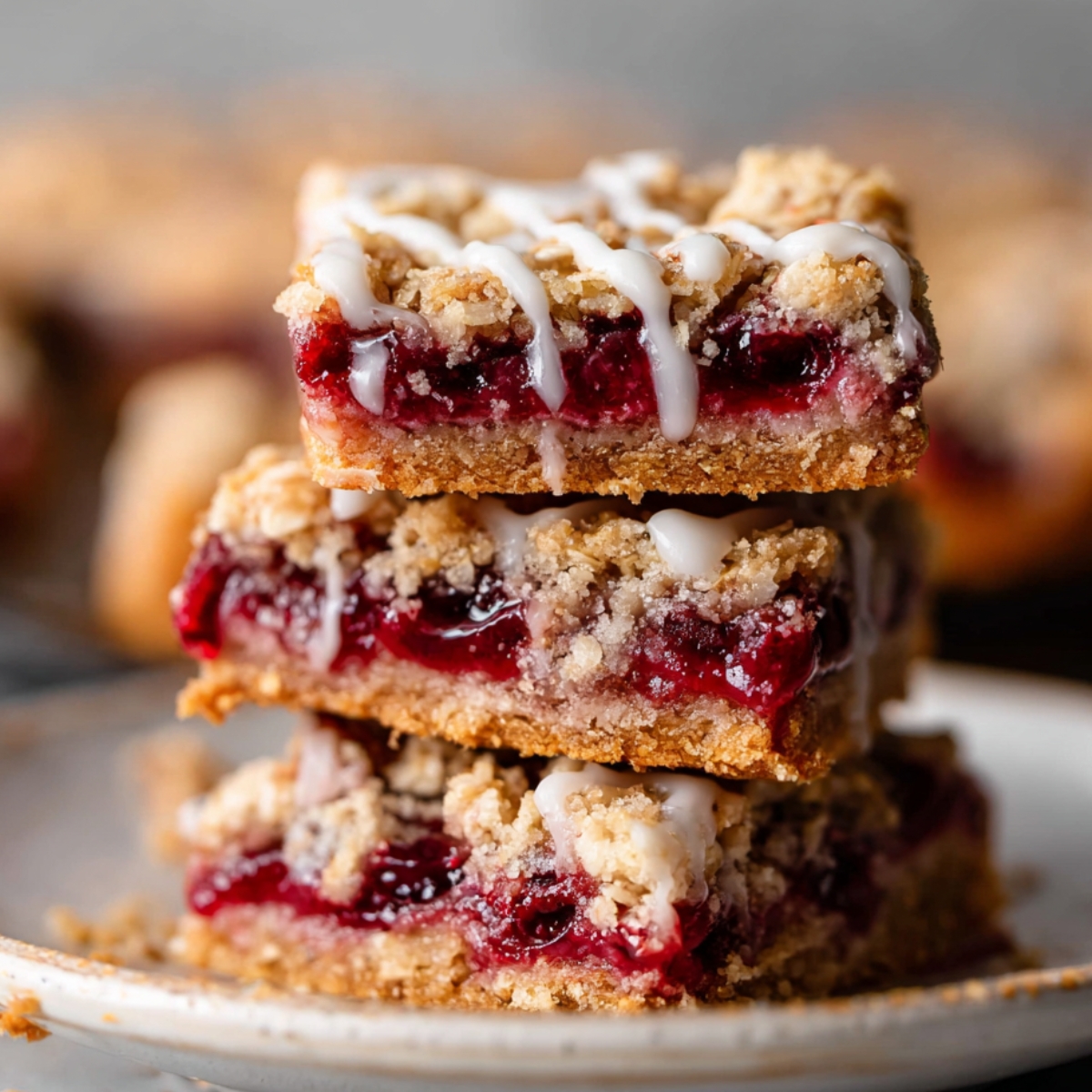 A stack of freshly baked Cherry Pie Bars with a golden, crumbly oat topping, filled with rich cherry filling and topped with a light drizzle of icing.