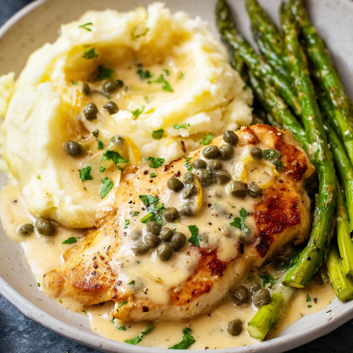 Chicken piccata served with mashed potatoes, capers, and asparagus.