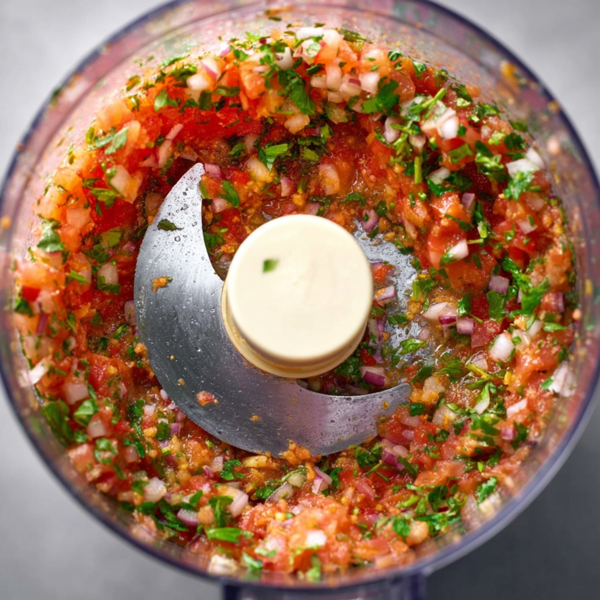 Finely chopped tomato, onion, garlic, and herbs in a food processor bowl.